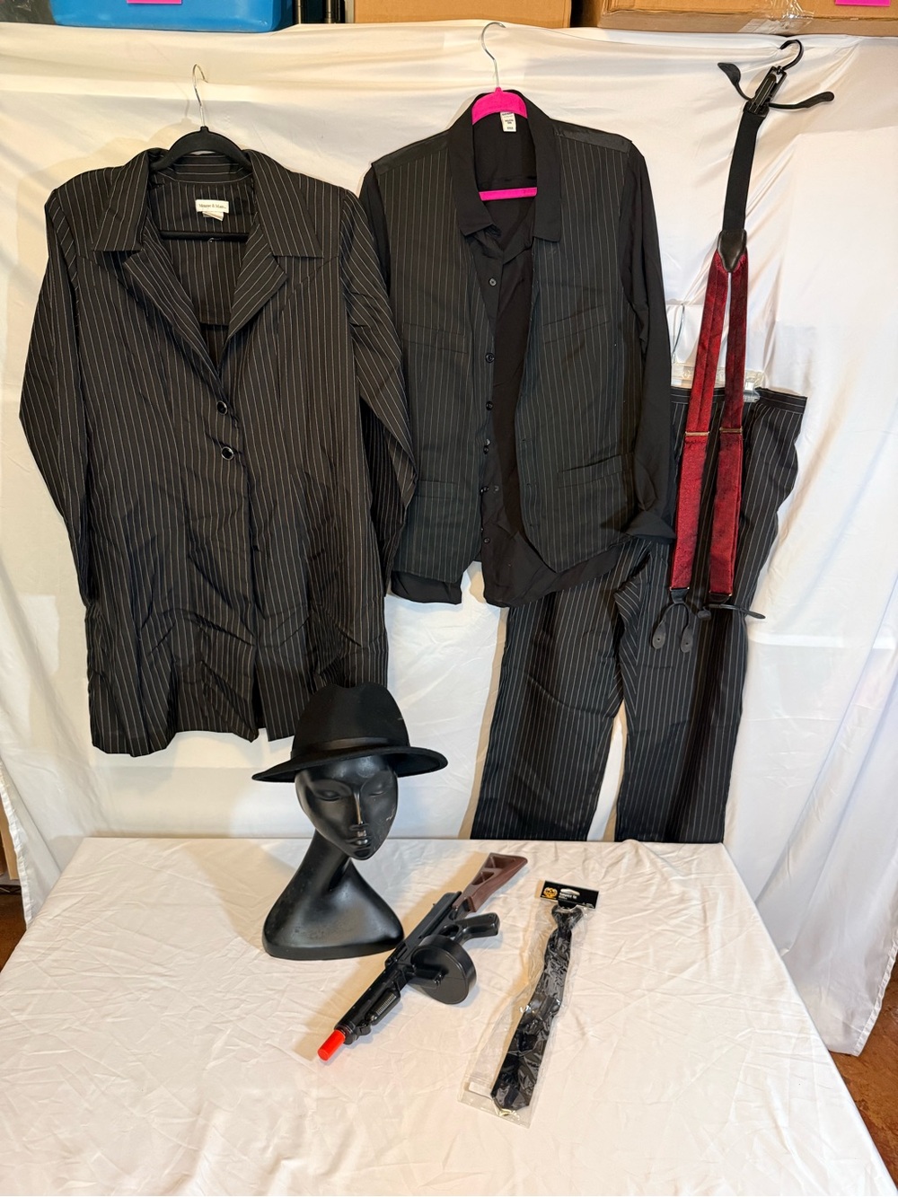 Woman’s Gangster Halloween Costume Suit, Shirt, Vest, Hat, suspenders, Tie